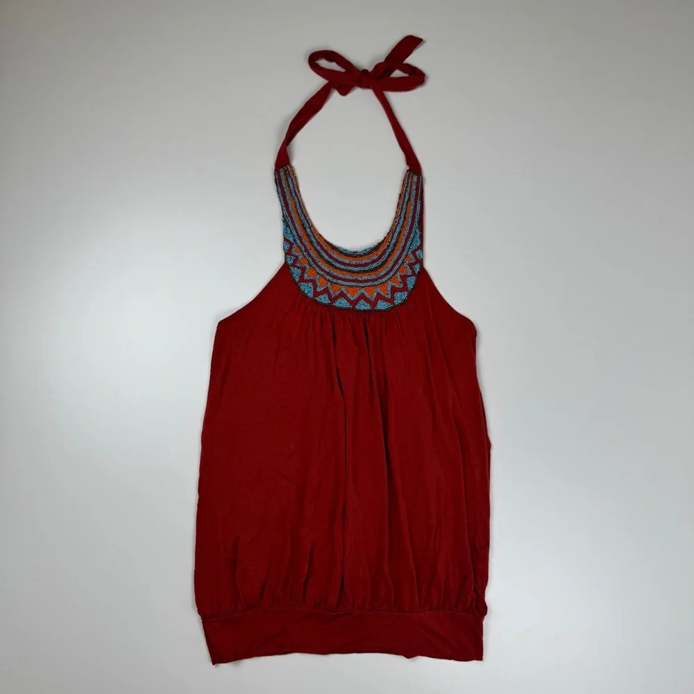 Vintage Y2K Twenty One Beaded Halter Top Micro Mini Dress Size Small Boho Fairy - Picture 2 of 11